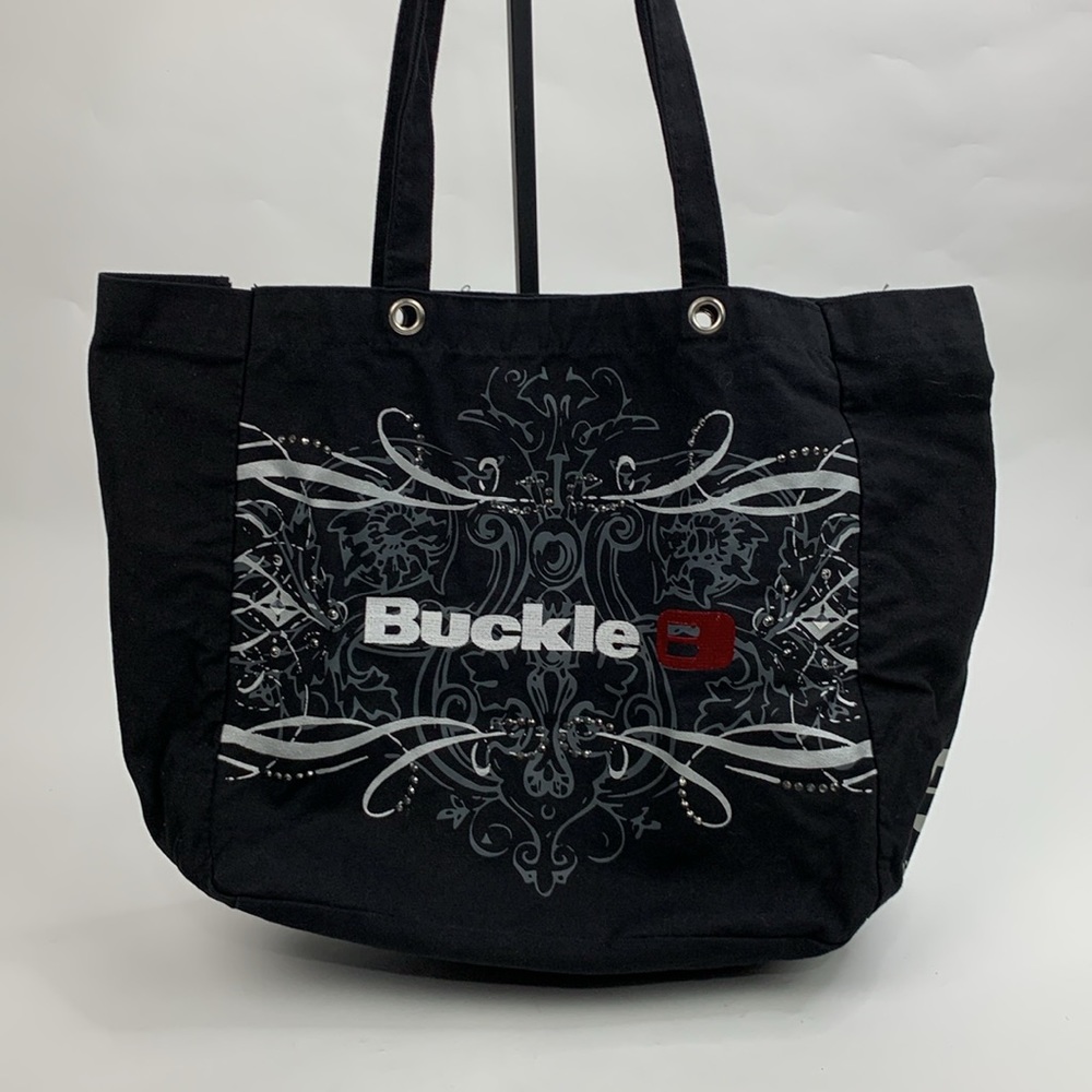Buckle BKE Canvas Tote Bag Black White Silver Red Studs, embroidery Two straps